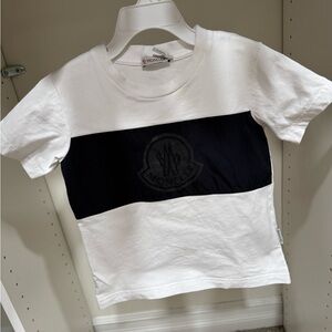 Moncler shirt for boys. Size is 4Y and the color is white and black.